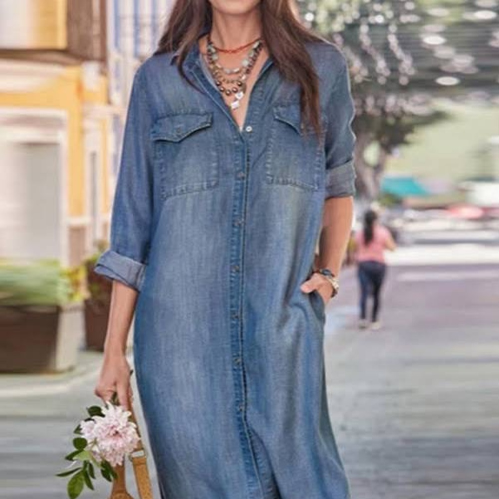N Touch chambray denim button front maxi shirt dress size XL 3/4 cuffed sleeve